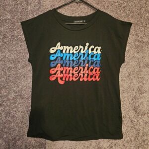 DEEROSE Womens America Graphic T-Shirt Black Red White Blue Patriotic Size M